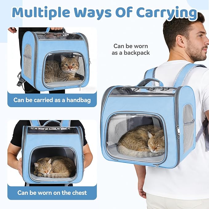 Cat Soft-Sided Carrier Backpack, Breathable Mesh Foldable Pet Travel Carrier with Reinforced Support, Portable Puppy Carrying for Kitty Up to 15lbs (Blue)