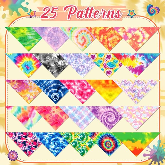Abbylike 50 Pieces Tie Dye Dog Bandanas Bulk Colorful Hippie Pattern Dog Bandanas for Dogs Triangle Kerchief Scarf Bibs Set for Pets Summer Party Costume Accessories, 25 Styles (25.6 x 17.7 x 17.7)