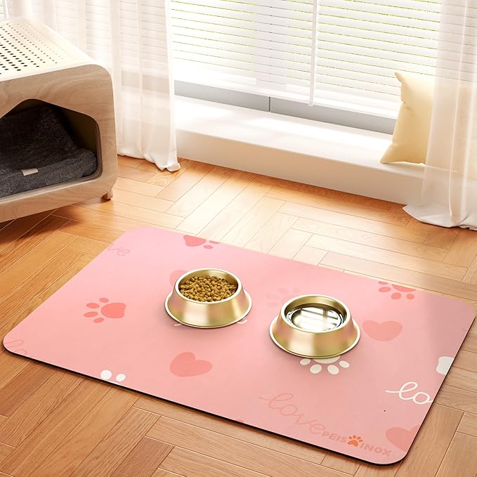 PEISAINOX Cat Dog Food Mat, Rapid Water Absorption Dog Mat for Food and Water,100% Waterproof Cat Dog Bowl Mat, 16"x27"-Pink