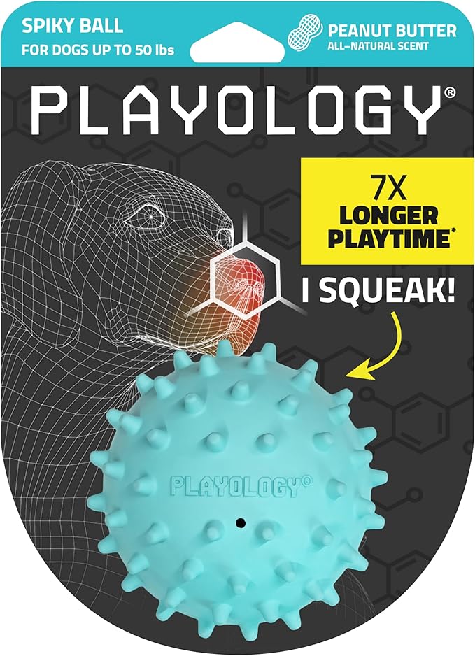 Playology Dog Toys | Squeaky Spiky Chew Ball for Medium Dogs | Peanut Butter Scented Dog Ball for Tough Chewers