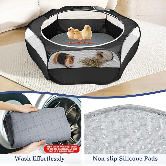 2-in-1 Small Animals Playpen with Pad, Waterproof Small Pet Cage Tent with Reusable Pad, Portable Outdoor Yard Fence with 3 Metal Rod for Chick/Kitten/Puppy/Guinea Pig/Rabbits/Chinchillas, Black+Gray