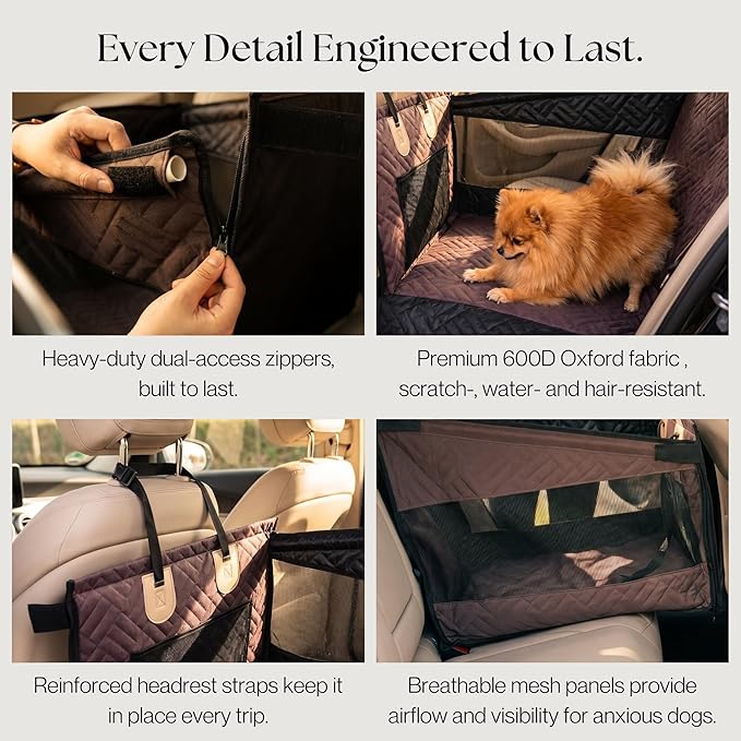 Dog Car Seat Cover with Hard Bottom – Back Seat Extender for Dogs Up to 35 lbs, Waterproof Non-Slip Hammock, Rigid Reinforced Base with Triple Security System, Storage Pockets, fits Cars SUVs Trucks