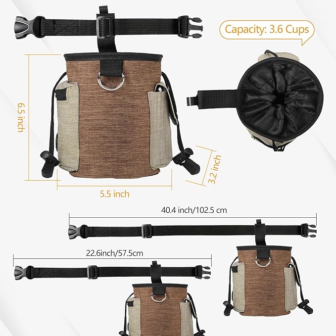 ondware Large Dog Treat Pouch with Adjustable Waist Belt, Waterproof Oxford Training Bag with Drawstring, Clicker & Poop Bags, 3.6 Cup Capacity, Multi-Use Snack Storage for Walking Hiking