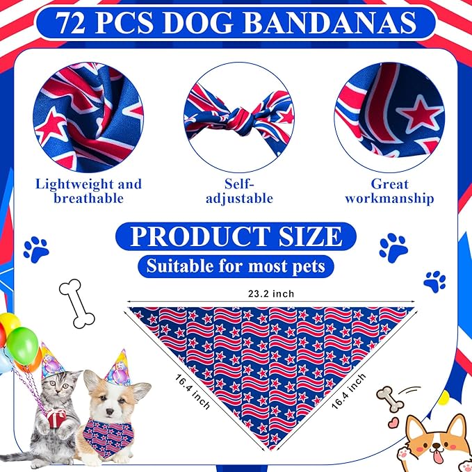 Sanwuta 72 Pcs 250th Anniversary Dog Bandana Bulk Patriotic USA Flag Washable Puppy Triangle Scarfs 4th of July Cat Bandanas Adjustable Soft Pet Triangle Bibs for Small Medium Dogs Cats Pets Costume