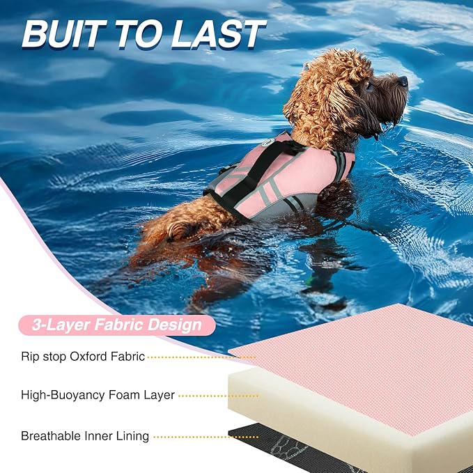 VIVAGLORY Sports Style Dog Life Vest, Dog Life Jacket for Swimming & Boating, Ripstop & Buoyancy for Puppy Doggy, Lifejacket with Handle, XS, Sakura Pink