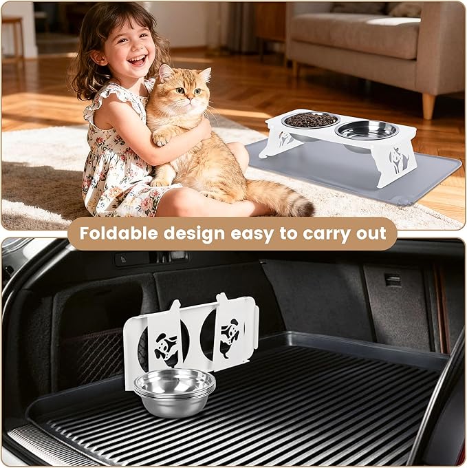 Elevated Cat Bowls with Food Mat,10° Tilted Anti-Vomiting Raised Cat Food Bowl for Small Cats and Puppies, Foldable 2 Stainless Steel Pet Bowl with Stand-Milky White