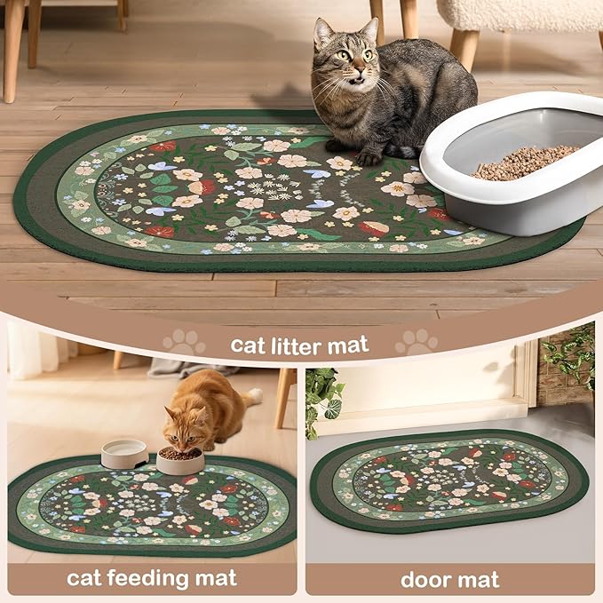 Bienbee Cat Litter Mat, 24" x 15" Litter Box Mat Rug with Non-Slip Bottom,Urine and Water Proof, Easy to Clean Cat Supplies Essentials for Indoor Kitty Kitten Floor, Green Flowers M