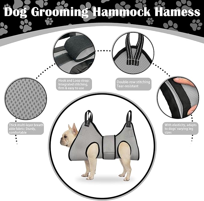 Dog Grooming Hammock Harness, with Elastic Leg Openings for a Flexible Fit, Dog Sling for Nail Trimming, Small Dogs Restraint Hanging Hanger Holder for Clipping Nails (Gray)