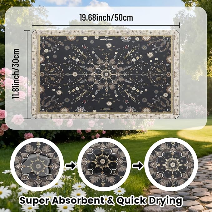 Cat Feeding Mat Vintage Pet Food Mats Black Retro Pattern Rectangle Diatomaceous Earth Absorbent Quick Dry Pet Feeding Placemat Protect Floors for Food and Water Bowl Supplies 20 x 12 Inch
