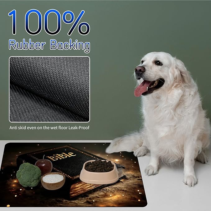 Dog Food Mat, 19.6" x 23.6" Absorbent Pet Feeding Mat for Food and Water, Waterproof Diatom Mud Pet Placemat with Non-Slip Rubber Backing, Cat Bowl Mat for Floors - Retro Bible Books