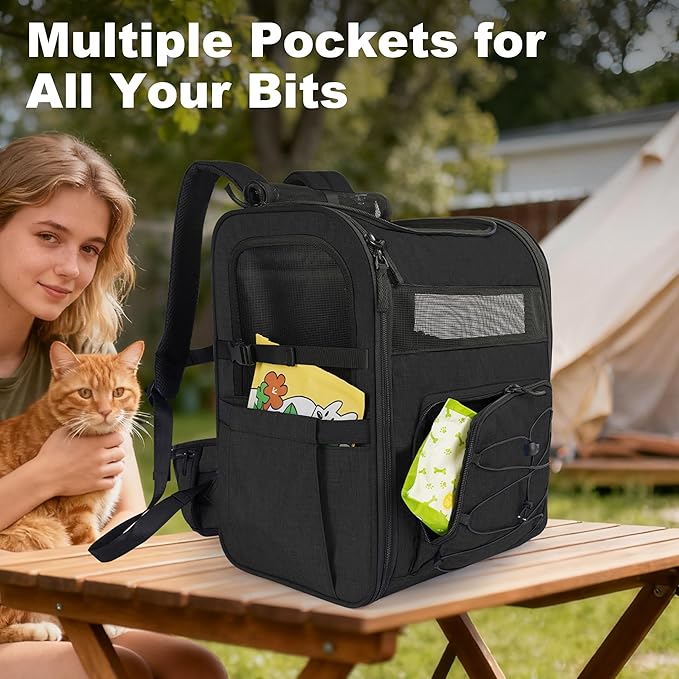 Dog Carrier Backpack for Small Dogs - Breathable Mesh Hiking Bag with Safety Buckle, Adjustable Straps and Standard Pad - Durable for Hiking (Fits Small Cats Too, Up to 17lbs, Black)