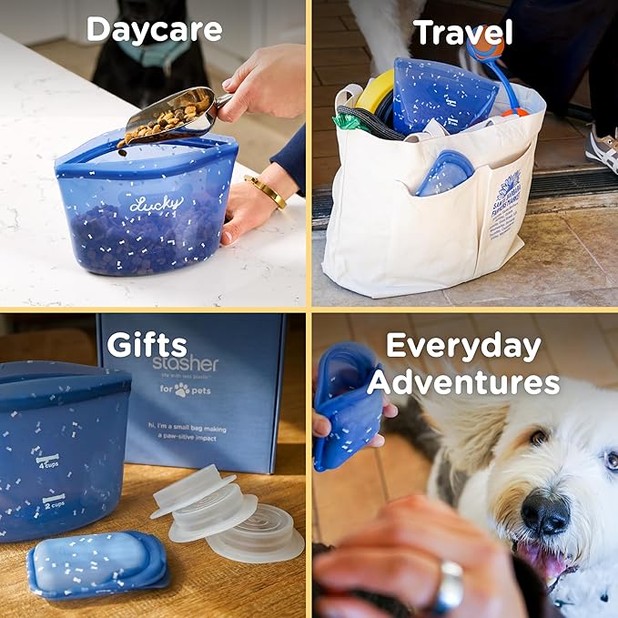 Stasher Pet Reusable Food Storage Puppy Essentials Kit, 4-Cup Dog Travel Bag, Treat Bags & Dog Food Can Lids, Airtight Seal, Food Grade Silicone, Freezer & Dishwasher Safe, Dog Gift