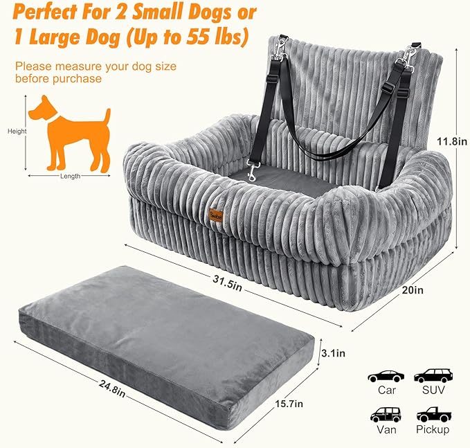 Pawaboo Dog Car Seat, Dog Booster Car Seats with Memory Foam, Thickened Cushion & Washable Removable Cover, Pet Travel Carseat Bed with Safety Leashes for Medium/Large Dogs or 2 Small Dogs, Gray