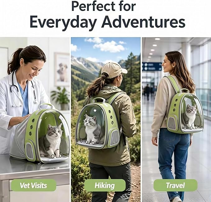 Expandable Cat Carrier Backpack for Cats & Dogs, Bubble Window Pet Travel Backpack with Breathable Mesh, Anti-Collapse Structure, Side Door, Safety Leash, for Vet Visits, Hiking, Outdoor, Light Green