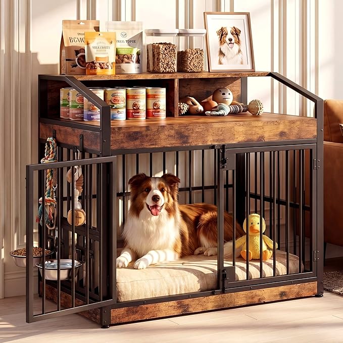 IRONCK Dog Crate Furniture with 360° Rotatable Bowls, 39.4" Wooden Dog Kennel Indoor with Top Storage Shelves, Heavy Duty Decorative Pet Crate End Table with 4 Hooks for Medium Dogs, Rustic Brown