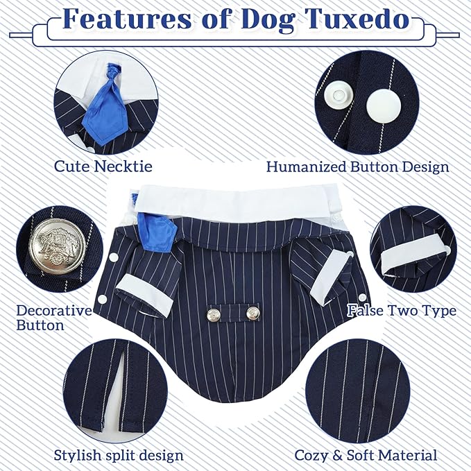 DENTRUN Navy Blue Dog Tuxedo - Formal Pinstripe Pet Suit Shirt with Satin Tie, Elegant Wedding Outfit Birthday Party Attire for Maltese Dachshund Yorkie Puppies Shih Tzu Small Medium Dogs, M