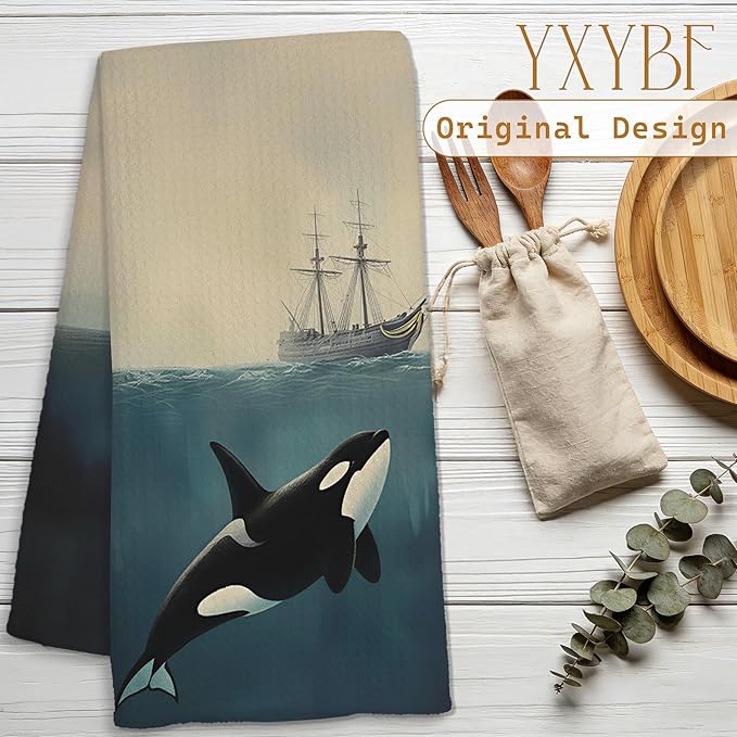 Vintage Nautical Hand Dish Tea Towels for Kitchen Bathroom Decor 16x24 Inches, Whale Lover Gifts, Coastal Ocean Killer Whale Sailing Kitchen Towels Decorative