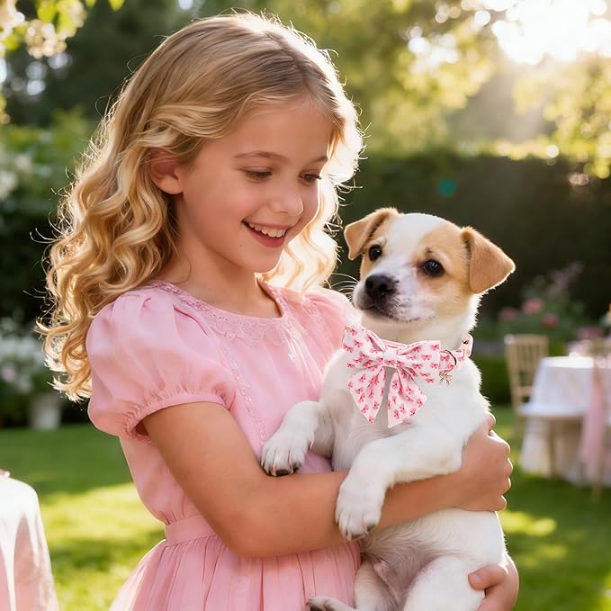 DOGWONG Valentine Dog Collar with Bow, Metal Buckle Adjustable Pink Bowtie Pet Valentine Collars for Puppies and Cats, XS
