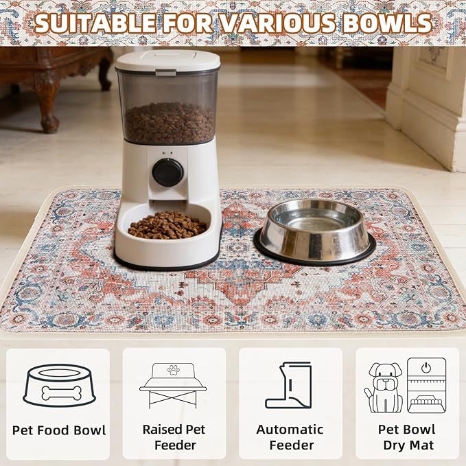 PUPTECK Dog Food Mat, Absorbent Pet Feeding Bowl Mat, Non-Slip Dog Mat for Food and Water, Quick Dry No Stains Cat Placemats Pet Supplies for Messy Drinkers, Brown 16"x24"
