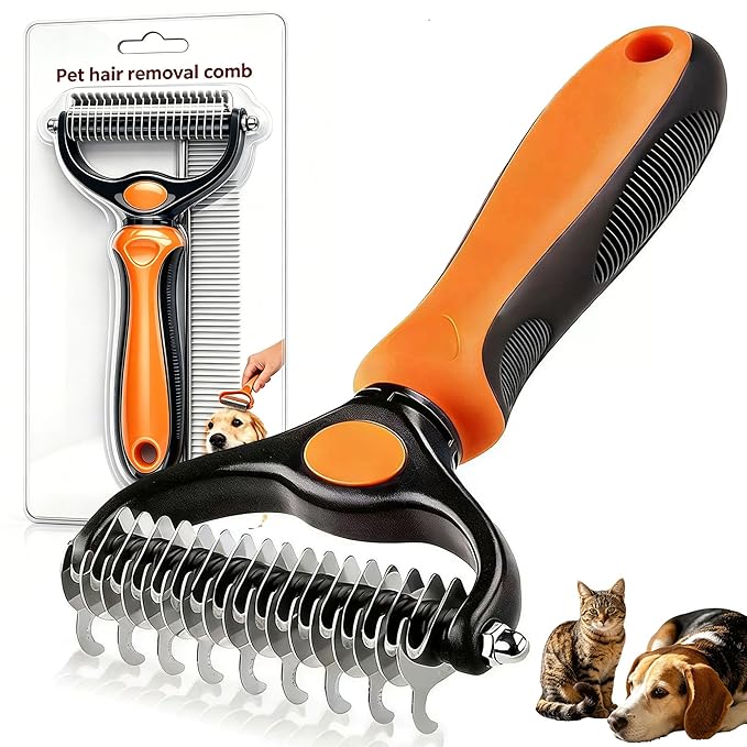 Pet Grooming Tool for Dogs & Cats, Includes Dual-Sided Dematting Comb & Stainless Steel Comb, Deshedding Brush for Long Hair, Thick & Double Coats, Pet Shedding & Loose Hair Removal Tool (Orange)