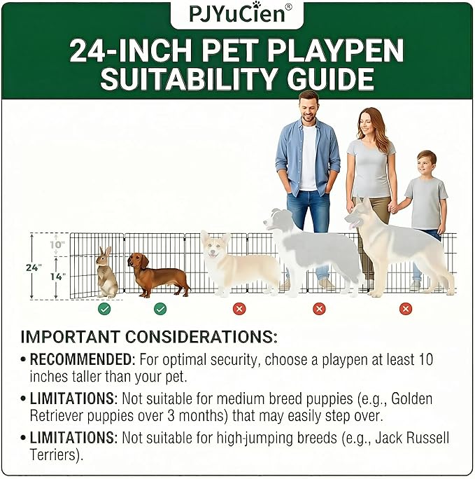 PJYuCien Octagonal Dog Playpen with Bottom Pad - Metal Foldable Exercise Pen, 8 Panels 24" H x 24" W Indoor Outdoor Pet Fence Puppy Crate Kennel, Black