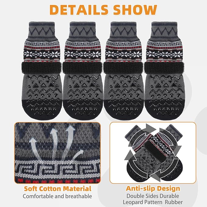 KOOLTAIL Dog Socks to Prevent Licking Paws for Hardwood Floors Anti Slip, Winter Warm Pet Boots&Paw Protector with Grippers, Double Sides Puppy Shoes Booties for Small Medium Large Senior Dogs