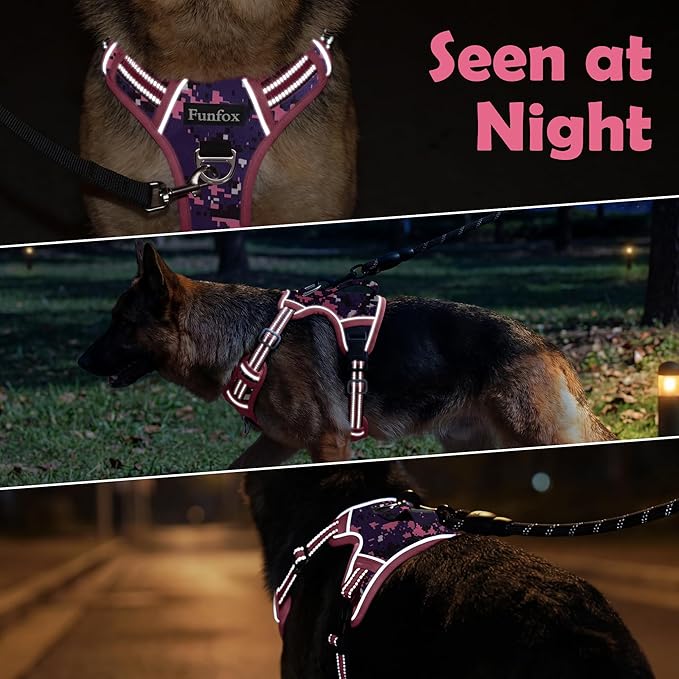 Funfox Dog Harness No Pull, Adjustable Pet Vest Harness, Super Soft Material with Vertical Handle Easy Control, Reflective Night Walking, 2 Leash Clips for Small Sized Dogs, Mosaic Pink, S