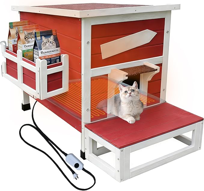Rockever Heated Cat House for Outside Cats in Winter, Large Heated Cat Houses with Heating Pad, Wooden Outside Cat Shelter Weatherproof with Escape Door(Red)