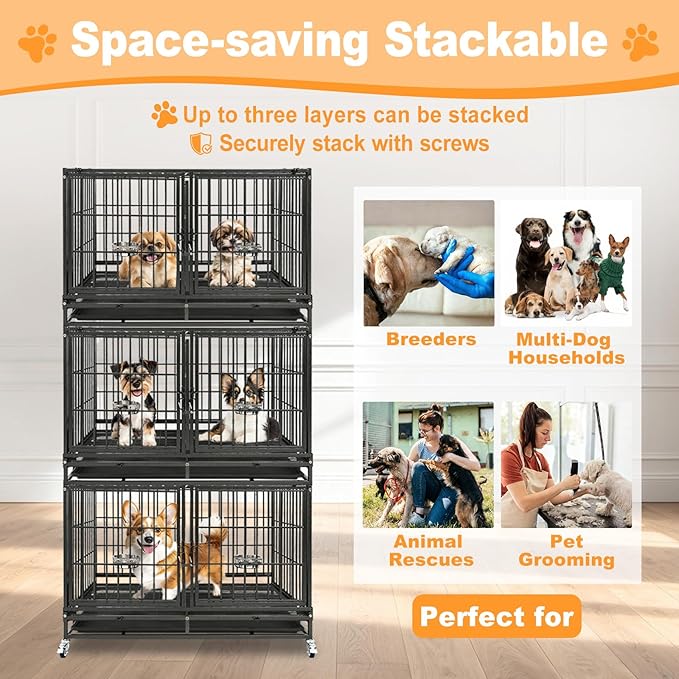 Homey Pet 2 Pack Three Tiers 43 inch Stackable Heavy Duty Dog Crate with Wheels, Indestructible Steel Dog Cage Kennel Indoor with Detachable Divider, Trays, Feeding Bowls, Escape Proof Locks