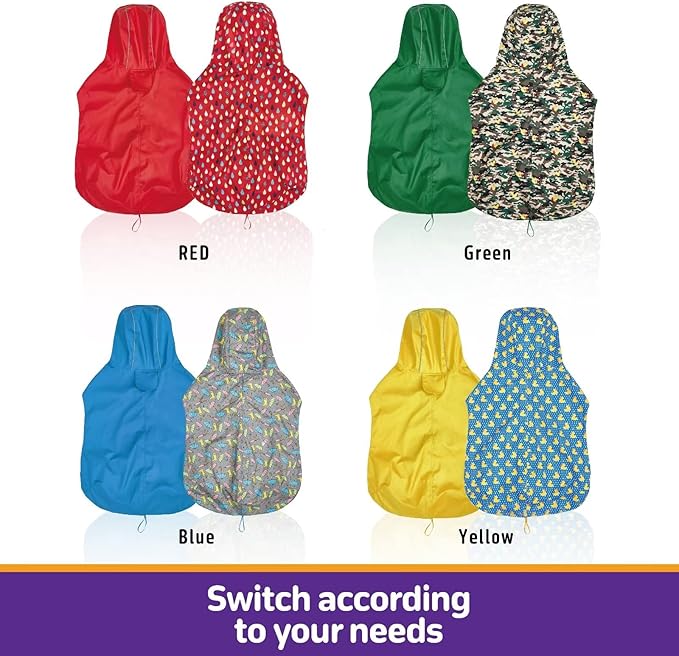 Kimee Dog Raincoat Reversible, Single Side Slicker Poncho Adjustable Waterproof Dog Rain Jacket with Leash Hole/Reflective Stripe Hooded Snowproof Windproof Clothes for Small to 3X-Large Dogs, XL