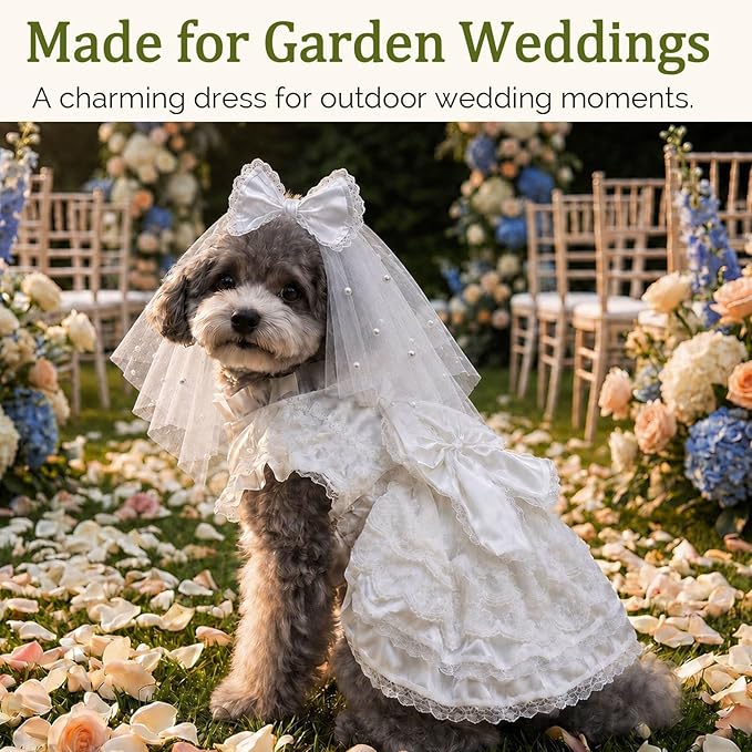 Dog Wedding Dress with Veil, Princess Lace Dog Dress with Bow, Fluffy Bridal Outfit for Small Dogs, Puppy Formal Dress for Wedding Birthday Photoshoot (S)