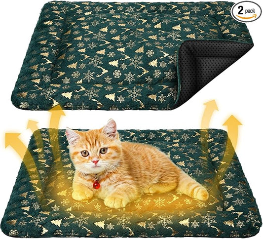 2 Pack Winter Self Warming Cat Mat Machine Washable Winter Reflects Body Heat Warm Thermal Pet Pad with Non Slip Bottom 18 x 24 Inch Green Snowflake Bed for Indoor Kitten Dog Crate