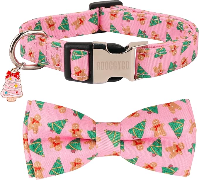 ADOGGYGO Christmas Dog Collar with Detachable Bowtie, Adjustable Pink Pet Christmas Collars for Small Medium Large Dogs (Medium)
