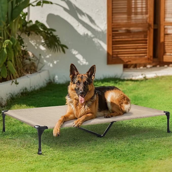 Veehoo Outdoor Elevated Dog Bed for Large Dogs, Cooling Raised Dog Cot Off Ground Hammock Pet Beds with Breathable Mesh, No-Slip Feet, 50"x32", Beige Coffee