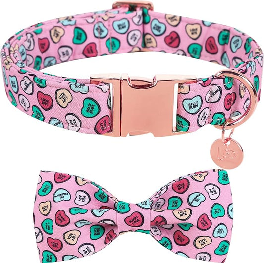 Valentine Dog Collar with Bow Tie, Pink Cotton Collar with Metal Buckle, XS, Neck 8-12in