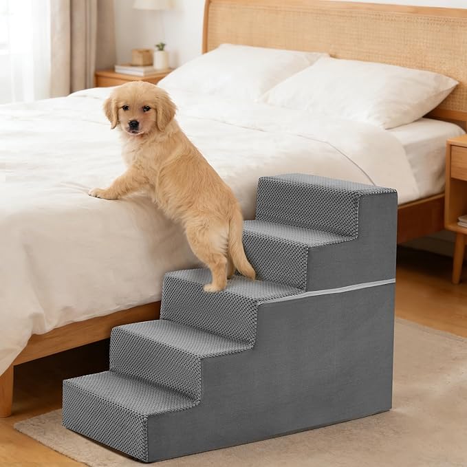 5-Step Dog Stairs for Large Dogs and Cats, 23in H Dog Steps for Couch, Sofa, Chair, Non-Slip Sturdy Pet Steps, Pet Ramp for High Bed Indoor, Grey