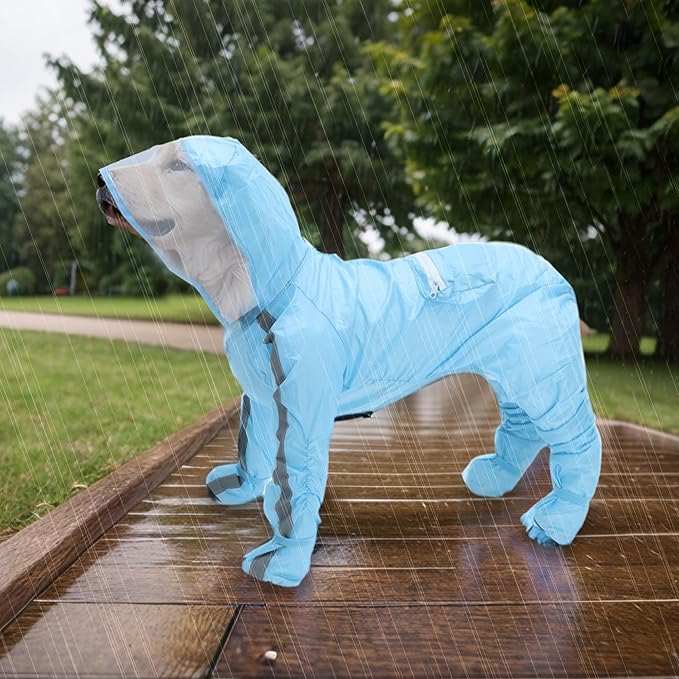 Dog Raincoat, Full Coverage Small Dog Raincoat, Waterproof with Four-Leg Protection, Dog Rain Jacket, Reflective Strip Design, Blue, XL Size, 1 Pcs