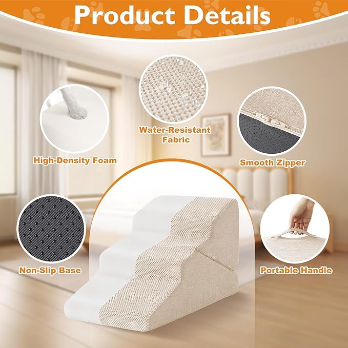 Dog Stairs for Small Dogs 16’’ H, 3-Step Dog Steps for Bed, Foldable Pet Stairs and Ramp for Dogs and Cats to Get on Beds, Couch, Non-Slip Balanced Pet Steps with Waterproof Cover, Beige