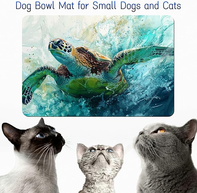 Dog Food Mat, 19.6" x 23.6" Absorbent Pet Feeding Mat for Food and Water, Waterproof Diatom Mud Pet Placemat with Non-Slip Rubber Backing, Cat Bowl Mat for Floors - Watercolor Turtle