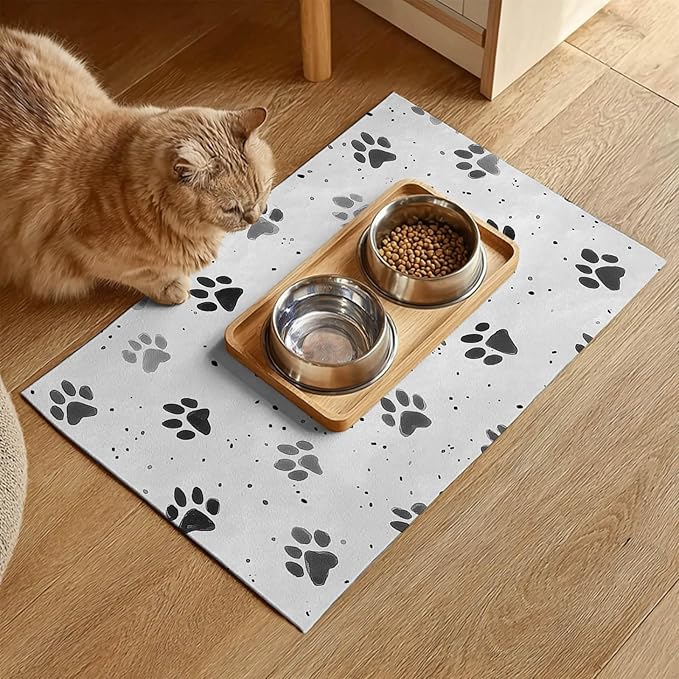HOMETITUTE 24x16 inch Non Slip Dog Food Mat Pet Bowl Placemat for Food and Water Small Dog Bowl Mats Cat Food Mat Easy to Clean Feeding Mats for Small Pets Paw Print Design