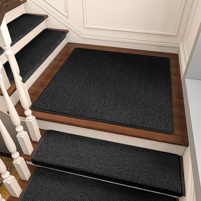 Brakki Bullnose Carpet Stair Treads, Non Slip Landing Mat for Wooden Steps Indoor, Soft Stair Rugs for Pets, Indoor Doormat for Kitchen Bathroom, Washable, 30"x30" 1pc, Black