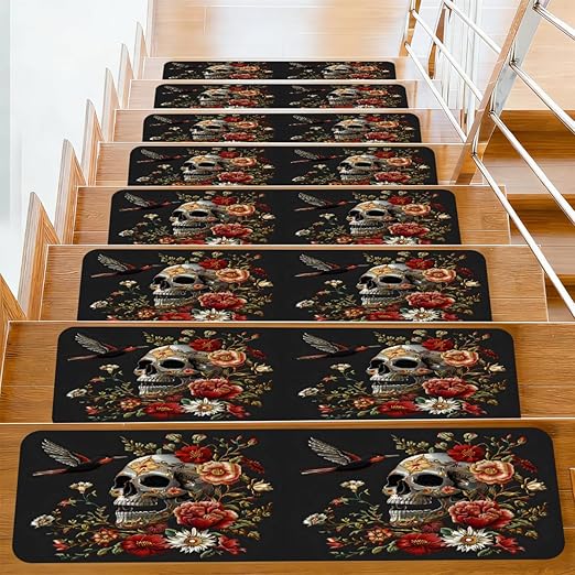 Abstract Skull Colorful Flower Stair Treads for Wooden Steps Indoor Washable Staircase Carpet 15PCS 30"x7.8" Stair Step Treads Non-Slip Staircase Covers Peel and Stick Safety Mat for Kids Elders Pets