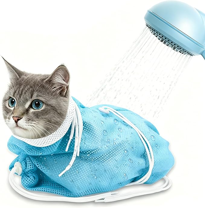 Cat Bathing Bag, Catcan Breathable Cats Grooming Bag, Anti Scratch Adjustable Cat Shower Washing Bags with Mesh for Nail Trimming (White- Blue)