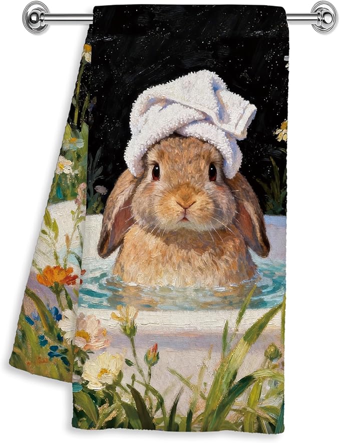Funny Bunny Hand Towels for Kids Bathroom Washroom Decor 16x24 Inches, Gifts for Bunny Lovers, Floral Rabbit Bathroom Hand Tea Towels Decorative