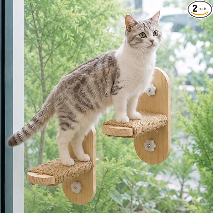 PETKARAY Large Cat Window Shelf, Upgraded Window Stairs for Indoor Cats, Sturdy Wooden Steps with Sisal Surface, Easy Access to Perch & Windowsill, 2 Packs