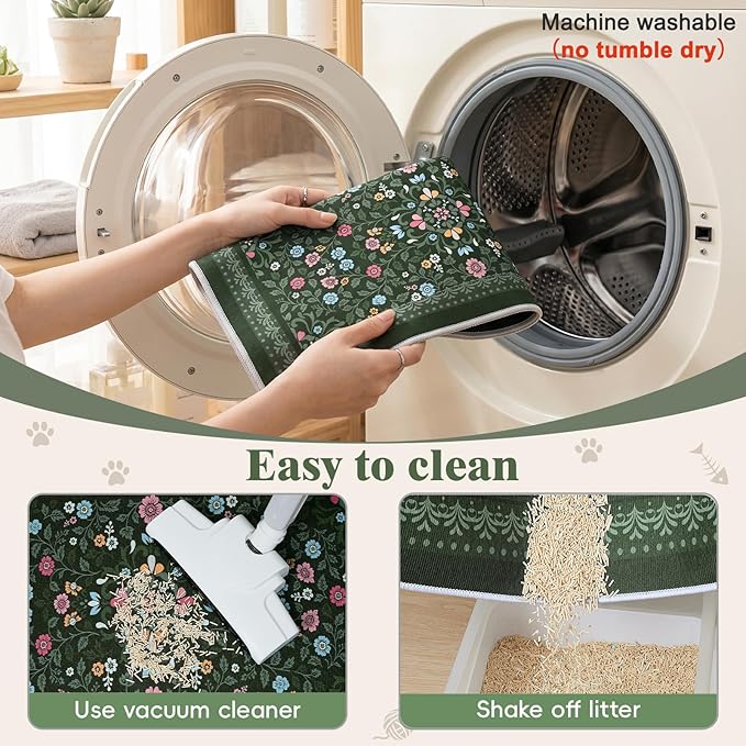 Bienbee Cat Litter Mat, 2PCS Jumbo Size 48"x36" Machine Washable Litters Box Mats Non-Slip &Waterproof Cat Litters Trapping Mats Easy to Clean Mat for Litter Box Protects Floors Dark Green XL