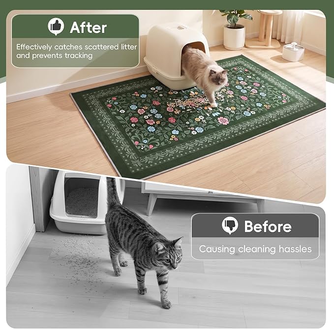 Bienbee Cat Litter Mat, 2PCS Jumbo Size 48"x36" Machine Washable Litters Box Mats Non-Slip &Waterproof Cat Litters Trapping Mats Easy to Clean Mat for Litter Box Protects Floors Dark Green XL