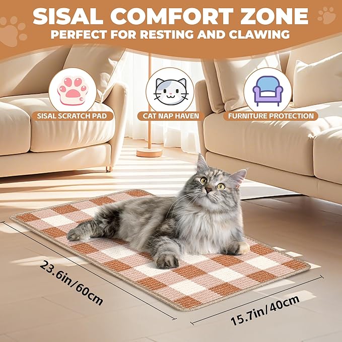 Cat Scratcher Mat, Natural Sisal Cat Scratch Pad, 23.6x15.7 Inch Horizontal Cat Floor Scratching Pads Rug with Hook & Loop to Protect Couch & Carpets & Sofas（Coffee White）
