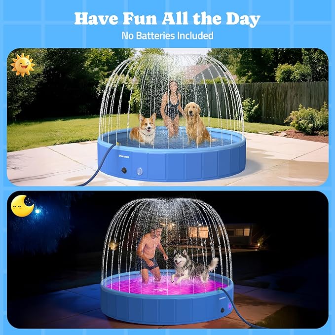 Pawtners 63" Foldable Dog Pool with Sprinkler & RGB LED Light, Collapsible Hard Plastic Swimming Pool for Small Large Dogs Cats and Kids, Portable Pet Bathing Tub Wading Pool for Backyard Camping Blue
