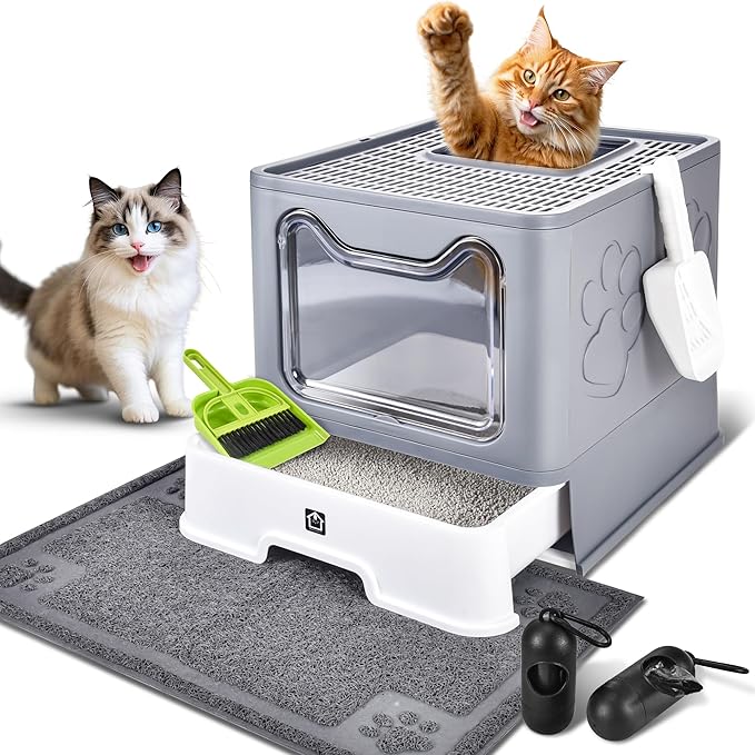 Covered Cat Litter Box with Litter Mat, Foldable Extra Large Dual Entry Adjustable Door, Drawer Design Enclosed Kitty Litter Box, Odor Control Anti-Splashing Easy Cleaning (Medium Grey)